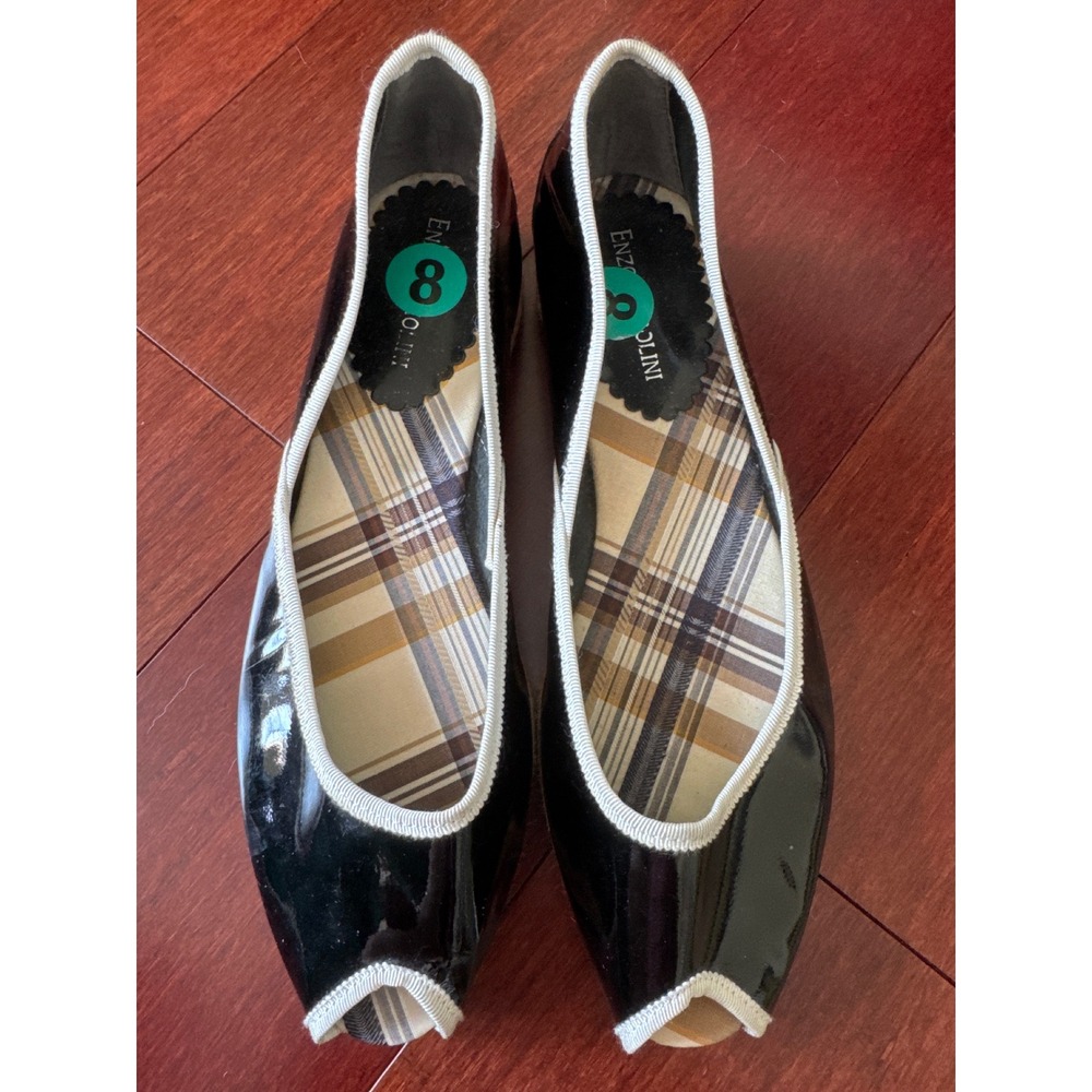 Enzo Angiolini Black Patent Peep Toe Espadrille Flats Plaid Lining Womens 8